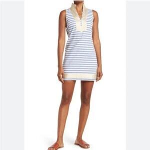 Eliza J Striped Mandarin Collar Sleeveless Shift Dress in Blue White coastal s 2